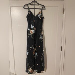 Black satin floral gown- size L - worn once like new